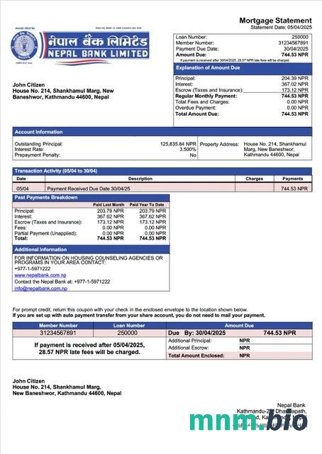 Nepal Bank wyciąg z kredytu hipotecznego szablon Word i PDF